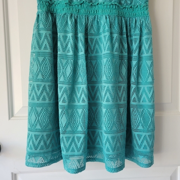 Teal Summer Crotchet Lace Eyelet Tank Mini Dress - Picture 3 of 7